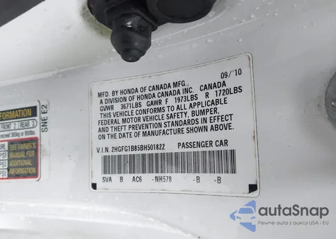 2011 Honda Civic Ex z USA, uszkodzony, nr VIN 2HGFG1B85BH501822